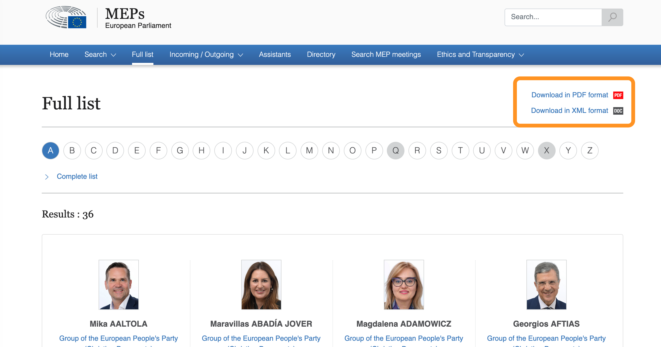 Export of lists of MEPs can be done in PDF and XML